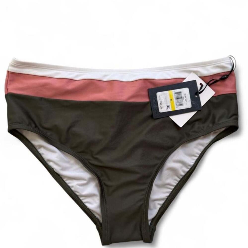 DKNY Colorblock Stripe High Waist Bikini Bottoms Olive Pink White Medium NWT
